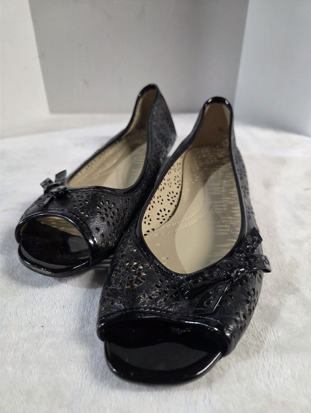 Naturalizer Black Peep-Toe Ballet Flats with Bow Accent